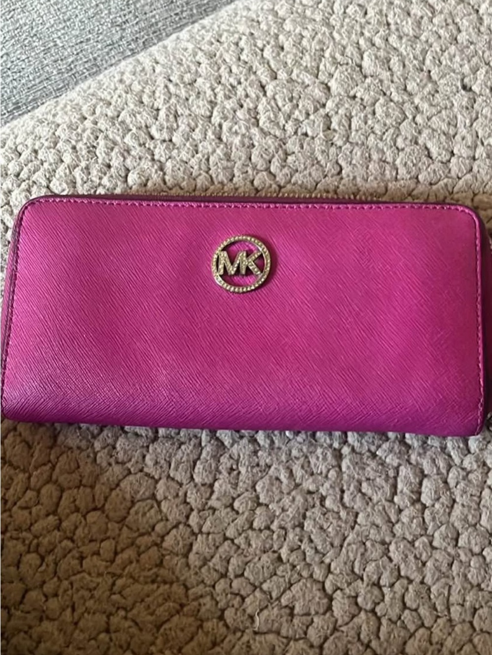 Michael Kors Hot Pink Zip-Around Continental Wallet with Gold MK Logo